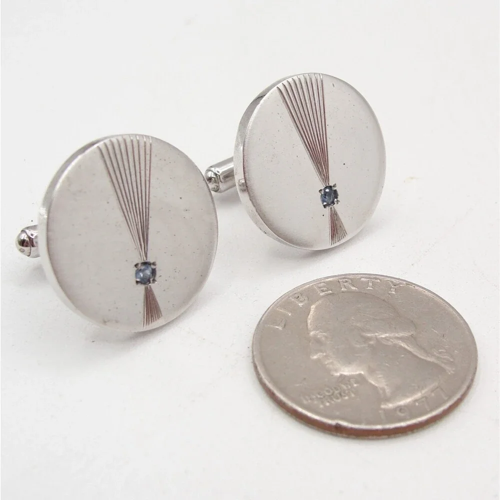Vintage PRK Sterling Silver Round Blue Topaz Starburst Cufflinks MCM Atomic